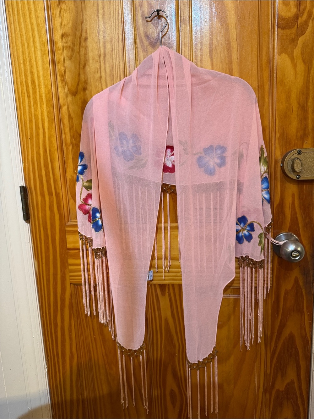 Delicate Pink Floral Fringe Cape Shawl